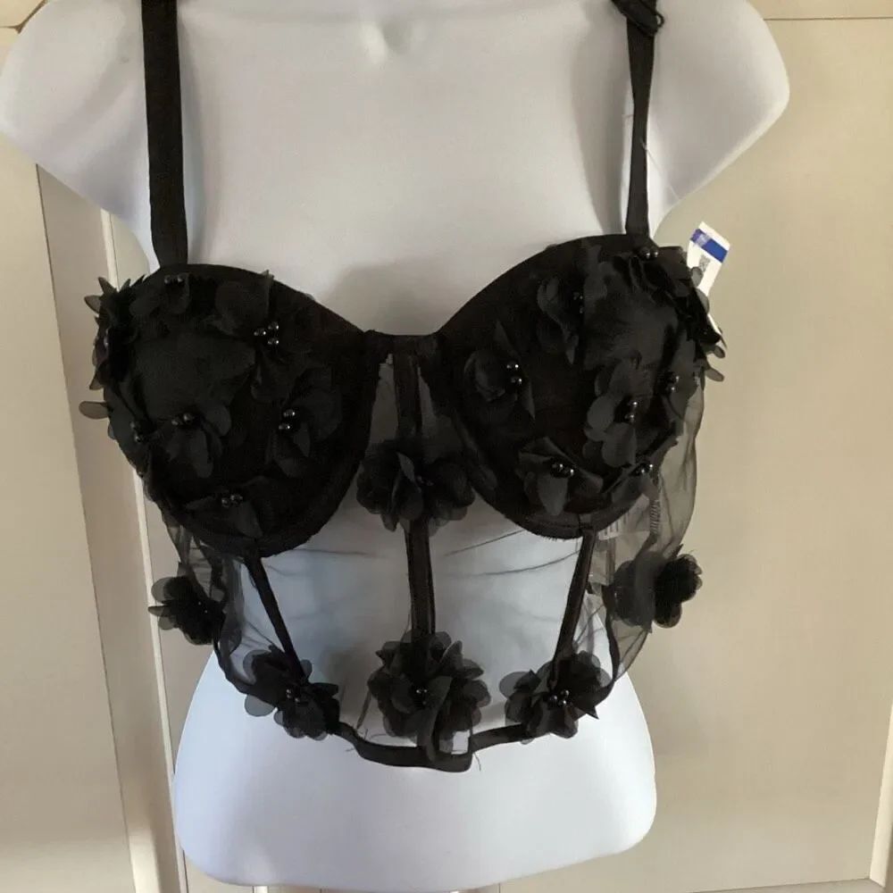 Victoria’s Secret Black Floral Lace Bralette Corset Sz XL